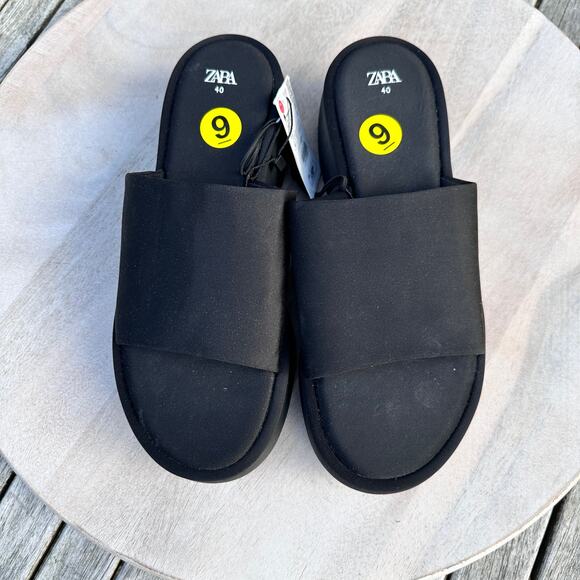 Zara Womens Sandals Size 9 Platform Slides Black Neoprene Block Heel New - Picture 3 of 12